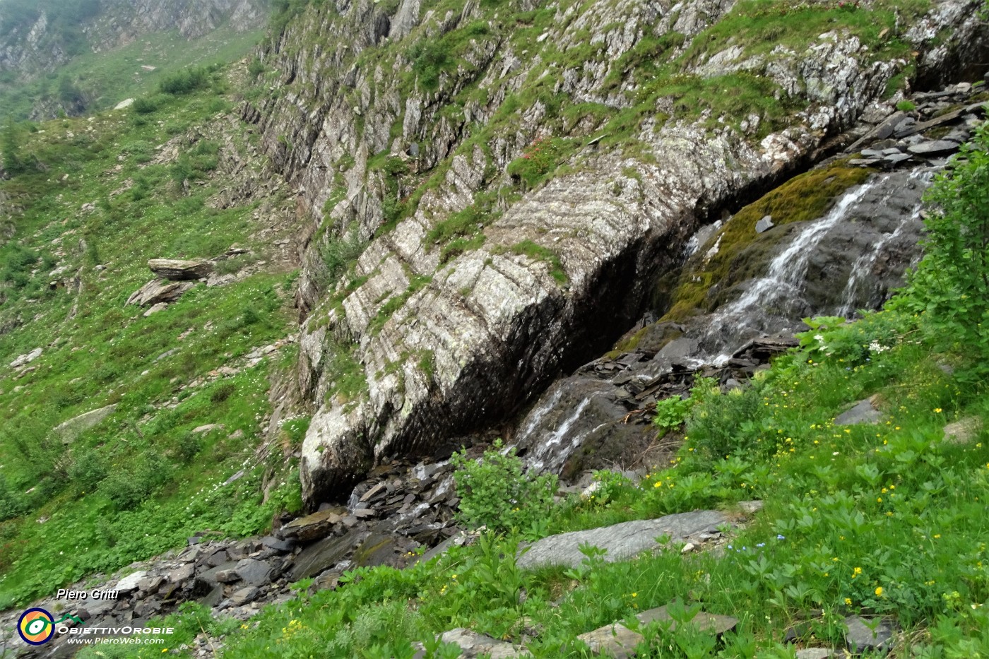 71 Bypassato in alto il ruscello nascosto scorrente sotto la pietraia, scendo sul lato sx delle ripide cascatelle.JPG